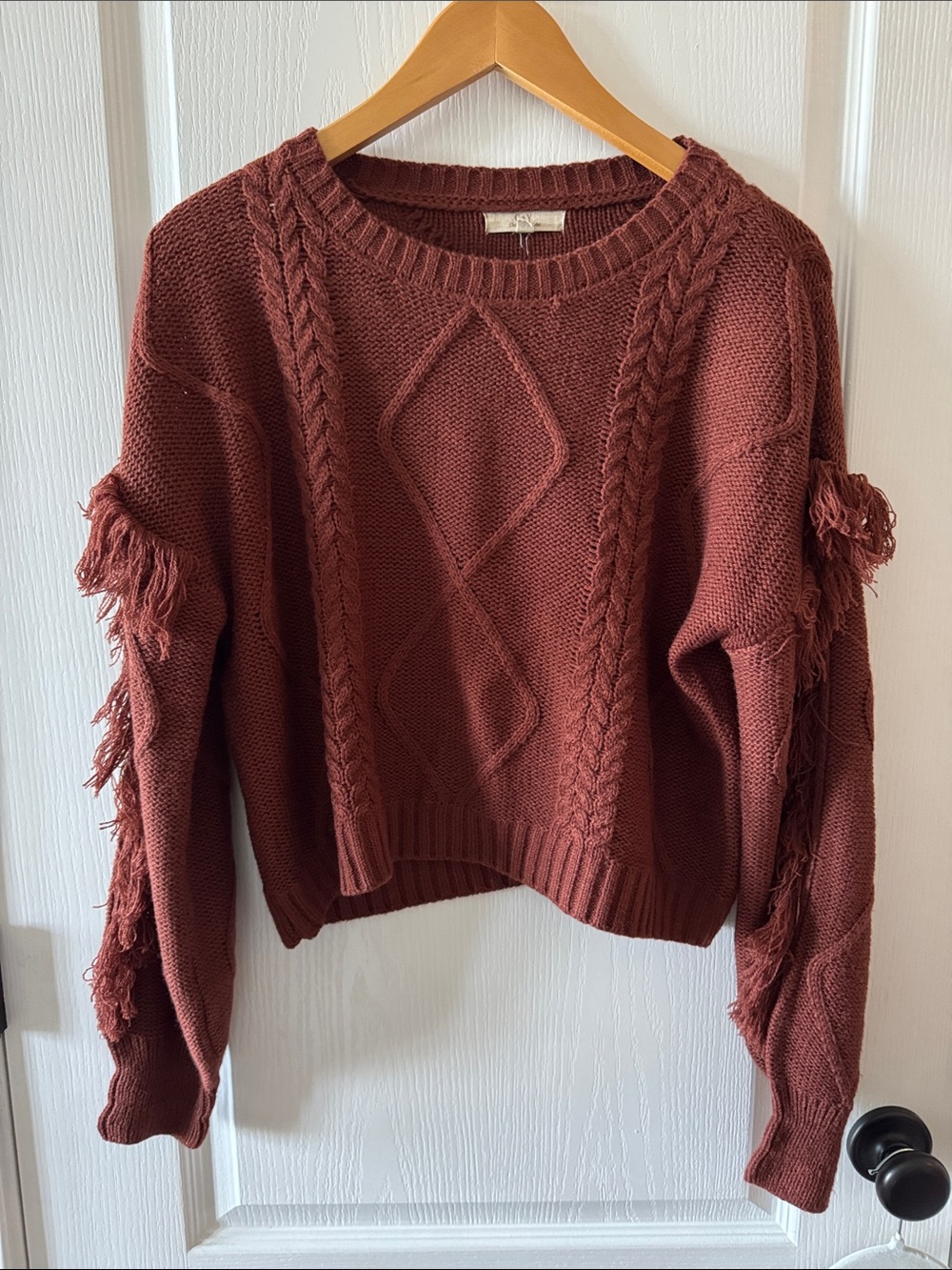 Chelsea & Violet Rust Cable Knit Fringe Crewneck Sweater
